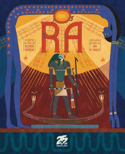 A board game titled "RA" in large, red font at the top of the cover.  Behind it is artwork depicting golden rays of a sun, below which is a humanoid person with a blue Egyptian headdress and the head of a falcon.  They stand on a boat.  Around the portrait is the arched body of a blue person with golden stars on their flank and side. A board game titled "RA" in large, red font at the top of the cover.  Behind it is artwork depicting golden rays of a sun, below which is a humanoid person with a blue Egyptian headdress and the head of a falcon.  They stand on a boat.  Around the portrait is the arched body of a blue person with golden stars on their flank and side.