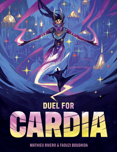 This is the cover for the game 'Duel for Cardia.' It features a magical purple djinn standing in front of a person in robes holding a staff. This is the cover for the game 'Duel for Cardia.' It features a magical purple djinn standing in front of a person in robes holding a staff.
