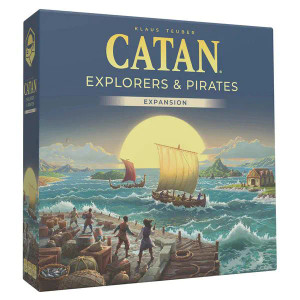 This is the cover for the game 'Catan - Explorers and Pirates Expansion.' It is a seascape with ships at sea in front of a setting sun. People gather at the shoreline with various goods and wares. This is the cover for the game 'Catan - Explorers and Pirates Expansion.' It is a seascape with ships at sea in front of a setting sun. People gather at the shoreline with various goods and wares.