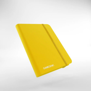 A yellow soft-cover card binder with an elastic band closure. A yellow soft-cover card binder with an elastic band closure.
