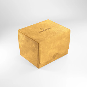 A sandy colored, leatherette sideloading deck box with magnetic closures.