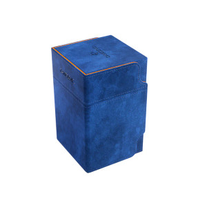 A tall, blue and orange cloth TCG card deck box.