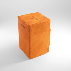 A tall, orange cloth TCG card deck box.