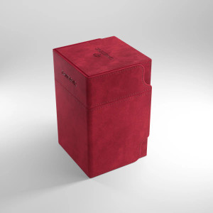 A tall, red cloth TCG card deck box. A tall, red cloth TCG card deck box.