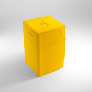 A tall, yellow cloth TCG card deck box.