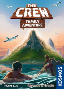 This is the cover for the game The Crew: Family Adventure. A young person floats on planks from a wreck shipped around a mountainous tropical island with people waiting to help on the shore.