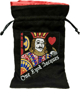A dice bag with the One Eyed Jacques logo in the center: a white man with shoulder-length blonde hair, a curled mustache, and a an intricately designed tunic.  Above his poised hand is a red heart, and over his shoulder is an axe.  He wears a red and gold, medieval hat.  Below are the words 'One Eyed Jacques' in white, gothic font.