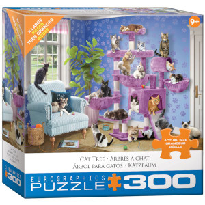 A puzzle titled “Cat Tree” at the bottom in several different languages, with the artist's name right above it. The company logo “Eurographics Puzzle” is in large font along the bottom, and number ‘300’ right next to it in the cover’s blue border. In the center is what the completed puzzle looks like: a living room filled with cats, at the far end of which is a purple cat tree with several levels and pillars to accommodate a, frankly, alarming number of cats. A puzzle titled “Cat Tree” at the bottom in several different languages, with the artist's name right above it. The company logo “Eurographics Puzzle” is in large font along the bottom, and number ‘300’ right next to it in the cover’s blue border. In the center is what the completed puzzle looks like: a living room filled with cats, at the far end of which is a purple cat tree with several levels and pillars to accommodate a, frankly, alarming number of cats.