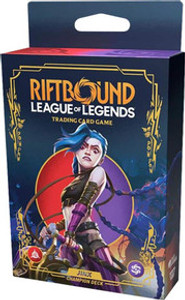 A preconstructed TCG deck titled “Riftbound: League of Legends Trading Card Game - Jinx Champion Deck” across the top and bottom of the cover.  In the center is a young woman with pale skin, long blue hair pulled back in twin braids, and blue wave tattoos on her arms.  She wears a cropped black tanktop, purple arm sleeves, purple striped pants, and several janky belts.  She carries a large gun and sports a mildly manic, murderous expression. A preconstructed TCG deck titled “Riftbound: League of Legends Trading Card Game - Jinx Champion Deck” across the top and bottom of the cover.  In the center is a young woman with pale skin, long blue hair pulled back in twin braids, and blue wave tattoos on her arms.  She wears a cropped black tanktop, purple arm sleeves, purple striped pants, and several janky belts.  She carries a large gun and sports a mildly manic, murderous expression.