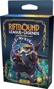 A preconstructed TCG deck titled “Riftbound: League of Legends Trading Card Game - Viktor Champion Deck” across the top and bottom of the cover.  In the center is a purple being with a dual face: beneath the cheekbones are two halves of a human face with his eyes closed, and in the center is a less human face with no discernable eyelids, nose, or mouth, but glowing eye sockets.  His head is haloed in glowing runes, body embellished in gold, and long brown hair falls around the crest of his head.  A blue and red cloak drapes over their shoulders. His skin is wiry like bands of muscle, and mechanical aspects lie between the strands of sinew. A preconstructed TCG deck titled “Riftbound: League of Legends Trading Card Game - Viktor Champion Deck” across the top and bottom of the cover.  In the center is a purple being with a dual face: beneath the cheekbones are two halves of a human face with his eyes closed, and in the center is a less human face with no discernable eyelids, nose, or mouth, but glowing eye sockets.  His head is haloed in glowing runes, body embellished in gold, and long brown hair falls around the crest of his head.  A blue and red cloak drapes over their shoulders. His skin is wiry like bands of muscle, and mechanical aspects lie between the strands of sinew.