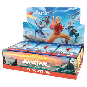 A Magic: The Gathering product titled "Avatar: The Last Airbender - Play Boosters" across the front of the box.  The box art itself features a tundra landscape with an orange sunrise, and the display tab features five people: a pale bald boy with blue stripes on his head and limbs who is wearing an orange caplet and beige clothes; a tan girl with blue eyes, dark hair pulled back in a braid, and blue clothing; a tan boy with blue clothes, blue eyes, and an undercut and the top portion of hair pulled back in a short ponytail; a pale boy with dark hair, black and red clothes, and a scar over his left eye; a pale girl with dark hair pulled up into buns and who is wearing green and yellow clothing.  Each person, save the boy with the undercut, is controlling an element.