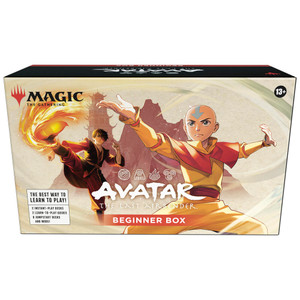 A Magic: The Gathering product titled "Avatar: The Last Airbender - Beginner Box" at the bottom of the cover.  The art features a crème background with a mountain and a tower in browns, then two people in the foreground: a pale boy with dark hair, black and red clothes, and with fire coming from his upraised foot; a pale boy with no hair, a blue arrow across his forehead and limbs, an orang shoulder cape, and cream pants surrounded by swirls of air.