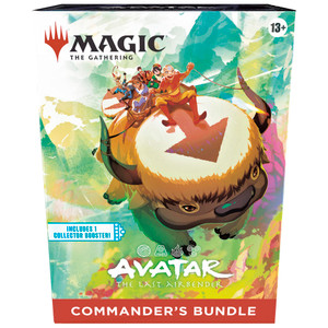 A Magic: The Gathering product titled "Avatar: The Last Airbender - Commander Bundle" across the bottom of the box.  The art above features a vibrant forested landscape with a flying bison taking up most of the cover space.  The bison has cream-colored fur with a brown arrow across its forehead, six legs, a beaver-paddle tail, and a large saddle across its back with six passengers: five of which are humans, one of which is a lemur with bat wings on its arms.