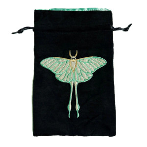 A black dice back with draw strings and an embroidered image of a Luna Moth