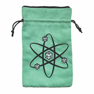 A mint green dice back with draw strings and an embroidered image of an atom with D20s orbiting around a nucleus, which is also a D20.