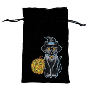 A black dice back with draw strings and an embroidered image of a black cat in a dashing little witch hat beside a jack-o-lantern.