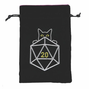 A black dice back with draw strings and an embroidered image of a yellow-eyed cat atop a large D20.