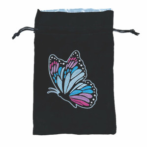 A black dice back with draw strings and an embroidered image of a blue and purple butterfly.