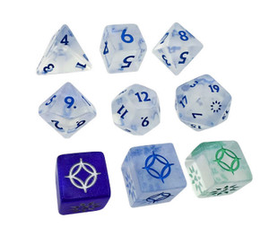 An RPG polyhedral dice set with 6 regular polyhedral dice and 3 6-sided dice with custom markings.  Most of the dice are clear with glitter, and the 3 custom dice are dark blue, clear, and light green.