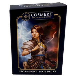 A Cosmere RPG: Stormlight Plot Deck featuring a dark blue border and a portrait of a feminine-presenting person with dark hair, light skin, a leather vest, over a light shirt, and a determined expression.  The sky is stormy behind them.