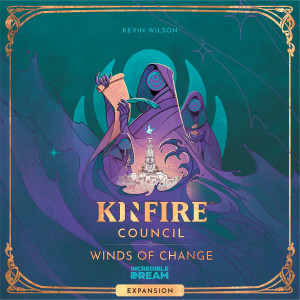 A board game titled “Kinfire Council: Winds of Change” at the bottom of the box, in the center. A primarily teal colored box with a hooded, purple hued figure at the center. The figure looms over a spire, illuminated by a blue flame at its top.  Beneath the title is Incredible Dream’s company logo, and underneath that is the word “Expansion”.