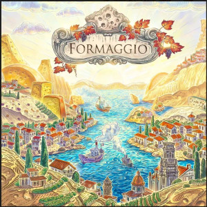 A board game titled “Formaggio” in a silver, filigree-ringed plaque at the top of the cover.  The artwork below features a port city with red rooves, white buildings, and blue waters backlit by the rising sun.