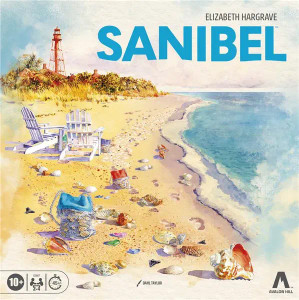 A board game titled “Sanibel” at the top of the cover.  The art features a picturesque beach covered in shells under a cloudless sky with the sun high above.  Two white chairs are seated next to each other in the foreground, and a bag overflowing with shells spills next to them.