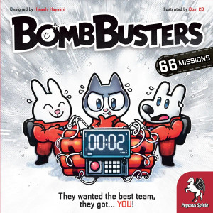 A board game titled “Bomb Busters” in large, black font at the top of the gme cover.  The background is primarily white with action lines around three central figures, all of whom are wearing orange jump suits and actively diffusing a bomb: a white rabbit with a cheerful smile and pair of sheers poised over a wire, a grey and white cat sticking its tongue out thoughtfully and smiling, and a white dog with  another pair of sheers over a wire and an alarmed expression on their face.