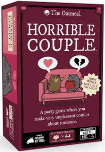 A board game titled “Horrible Couple” in white font across the top of the primarily dark red background.  The art below depicts a round, brown bear and a round, brown cat sitting on a couch together.  One has a speech bubble with a pink heart in it, and the other has a speech bubble with a black, broken heart in it.