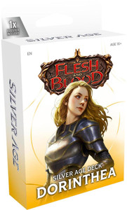 A Flesh & Blood TCG preconstructed deck titled “Silver Age Deck: Dorinthea” in large, silver font at the bottom of the primarily white cover.  The artwork in the center features a pale woman with blonde hair, light eyes, and a full suit of plate armor.  She looks back over her shoulder with a soft expression and is backlit by a yellow glow.