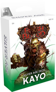 A Flesh & Blood TCG preconstructed deck titled “Silver Age Deck: Kayo” in large, silver font at the bottom of the primarily white cover.  The artwork in the center features a green man with large fangs and a high, black ponytail.  He is broad, well muscled, and his left arm is amputated.  He wears ragged leather and iron armor.