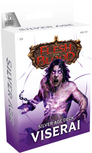 A Flesh & Blood TCG preconstructed deck titled “Silver Age Deck: Viserai” in large, silver font at the bottom of the primarily white cover.  The artwork in the center depicts a humanoid with pale skin, dark hair, and purple cracks blooming from the center of his chest.  He wears broken chains on his arms, and his eyes glow the same purple as the cracks running along his skin.
