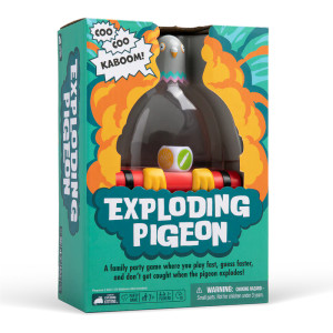 A board game titled "Exploding Pigeon" across the middle of the teal and orange box.  Above the title is a window into the game that reveals a pigeon-shaped contraption featuring a custom 6-sided dice inside.  The pigeon's features are cartoonish, and its body makes up a clear dome with which to see the dice.  Around the window is a cartoon illustration of an explosion.
