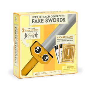 A board game titled "Let's Hit Each Other with Fake Swords" across the top of the primarily bright yellow cover.  The cover features a plastic window into the box that displays a foam sword with two large, shiny black eyes and a small smile.  The surrounding cover depicts diagrams of the cards and their instructions in the game surrounding the use of the silly sword, as well as a depiction of two adult humans fighting one another with the swords.
