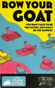 A board game titled "Row Your Goat" in large, black font in the upper right corner of the box.  The art features three strips of color: yellow, blue, and hot pink.  They are designed in a wavy pattern like water.  Atop them are repeating patterns of goats on various floating devices: canoes, log rafts, and circular floaties.