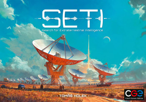 A board game titled "SETI: Search for Extraterrestrial Life" across the top of the cover.  The art below depicts a group of three large satellite dishes with orange and white paint in the middle of a flat desert landscape.  Above them is a clear, vibrantly blue sky.