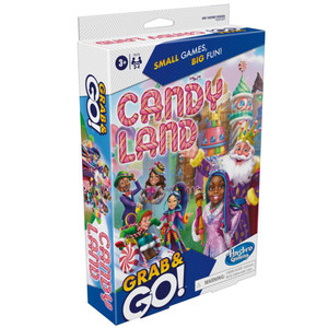 A board game titled "Candy Land Grab & Go" with the first half of the title at the top of the board in a font designed to look like peppermint candy canes, and the second half at the bottom.  The art on the cover depicts a fantastical scene in a land which is, unsurprisingly, made pf various kinds of candy.  A cast of characters populate the foreground, all fantastical.