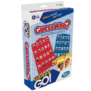 A board game titled "Guess Who? Grab & Go!" at the top and bottom of the cover.  The center of said cover features two boards filled with flippable picture frames, each with a cartoon character with distinct features and a name at the bottom.  One board is read, and the other is blue.