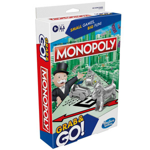 A board game titled "Monopoly Grab & Go!" at the top and bottom of the cover.  The art depicts an older, mustached cartoon man in a top hat and suit above a Monopoly board featuring spaces with little metal figurines of various objects and critters.