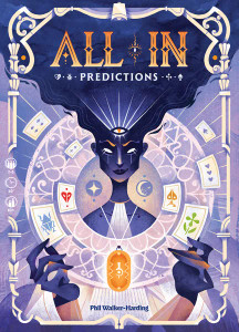 A board game titled "All In: Predictions" in large, gradient font at the top of the primarily purple cover.  The art below features a stylized drawing of a purple person with long, flowing hair floating up above them, glowing white eyes, and a third eye on their forehead.  Around them float rings of cards, and a large rune hangs on a chain from their neck.