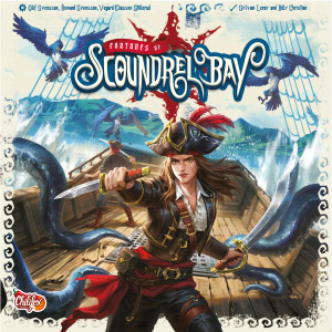 A board game titled "Fortunes of Scoundrel Bay" in large, silver and blue font at the top of the cover.  The border is a cream color, and the art in the center features a scene on a wooden sail ship out at sea.  Three blue parrots fly around a woman with long, brown hair, pale skin, and a scar that runs from her nose to the edge of her jaw.  She is wearing pirate garb, fit with a tricorn hat and red sash, and brandishes a dagger in one hand and a cutlass in the other.