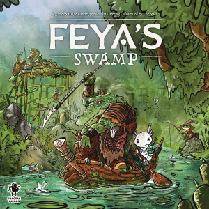 A board game titled "Feya's Swamp" in white font at the top of the cover.  The art behind it features an illustrated scene of a swamp with an anthropomorphic alligator wearing leather armor.  The gator rides a small rowboat and holds a spear above their head, poised at something in the murky waters below.