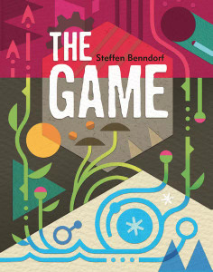 A board game titled “The Game” in large, white font across the top of the cover.  The art below features several multicolor and overlapping geometric shapes with curcuit-like lines atop them.  Several of these circuits turn into stylized vines as they pass over a cream-colored section of the box.