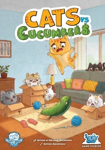 A board game titled “Cats Vs. Cucumbers” in large, bubbly font at the top of the cover.  Each word features artwork to make the letters resemble the words they describe - the ‘Cats’ being orange with darker stripes, and the ‘Cucumbers’ being green and ridged like the vegetable.  The art below features several cats in a living room cowering and leaping impossible distances in the face of their dreaded enemy - and fellow object mentioned in the title above: the humble cucumber.