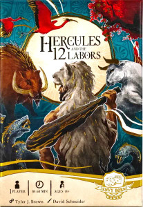 A board game titled "Hercules and the 12 Labors" at the top of the cover.  The art below features a man facing away from the audience.  He has tan skin, a brown beard, holds a club, and wears a lion skin across his back. Before him stand a series of monsters: a large boar, a hydra, a bull, and red cranes.