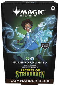 A preconstructed deck titled “Magic: The Gathering - Secrets of Strixhaven: Quandrix Unlimited” Across the top and bottom of the box.  The art features a black background and a central piece depicting a human with dark skin, tightly curled long hair, and who is wearing a golden headband and glasses.  She also sports a blue and green outfit that combines a school uniform with magical robes.  She casts a blue fractal around herself, and from behind her leaps a blue canine made of crystals.