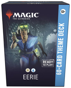 A preconstructed TCG deck titled “Magic: The Gathering - 60 Card Theme Deck: Eerie” along the side and bottom of the deck box.  The art in the center features a person wearing a cap and holding a walkie talkie up to their ear as the shadow of a large, bipedal creature loom at the end of a hall behind them.