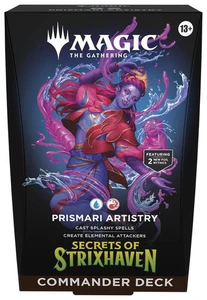 A preconstructed deck titled “Magic: The Gathering - Secrets of Strixhaven: Prismary Artistry” Across the top and bottom of the box.  The art features a black background and a central piece depicting a purple humanoid with small tusks and long, fiery hair tied half up. They wear a pink, cropped jacket layered with stylized flames and blue, flowing trousers with gold trimming.  Around them swirls blue and pink energy that flows like water.