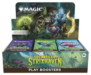A TCG booster box titled “Magic: The gathering - Secrets of Strixhaven: Play Boosters” across the display tab and bottom.  The art depicts a green, murky realm featuring mushrooms and floating folds of blue and silver.  On the display tab are five mages of various fantastical species, each casting a swirl of magic as they look up at the viewer.