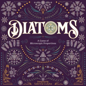 A board game titled "Diatoms" in elegant, white script across the center of the primarily dark purple cover.  The 'o' in the title is stylized like a diatom: a small algae, as it appears under a microscope.  The rest of the art features an arrangement of creatures also in this species.  They are laid out like a mosaic.